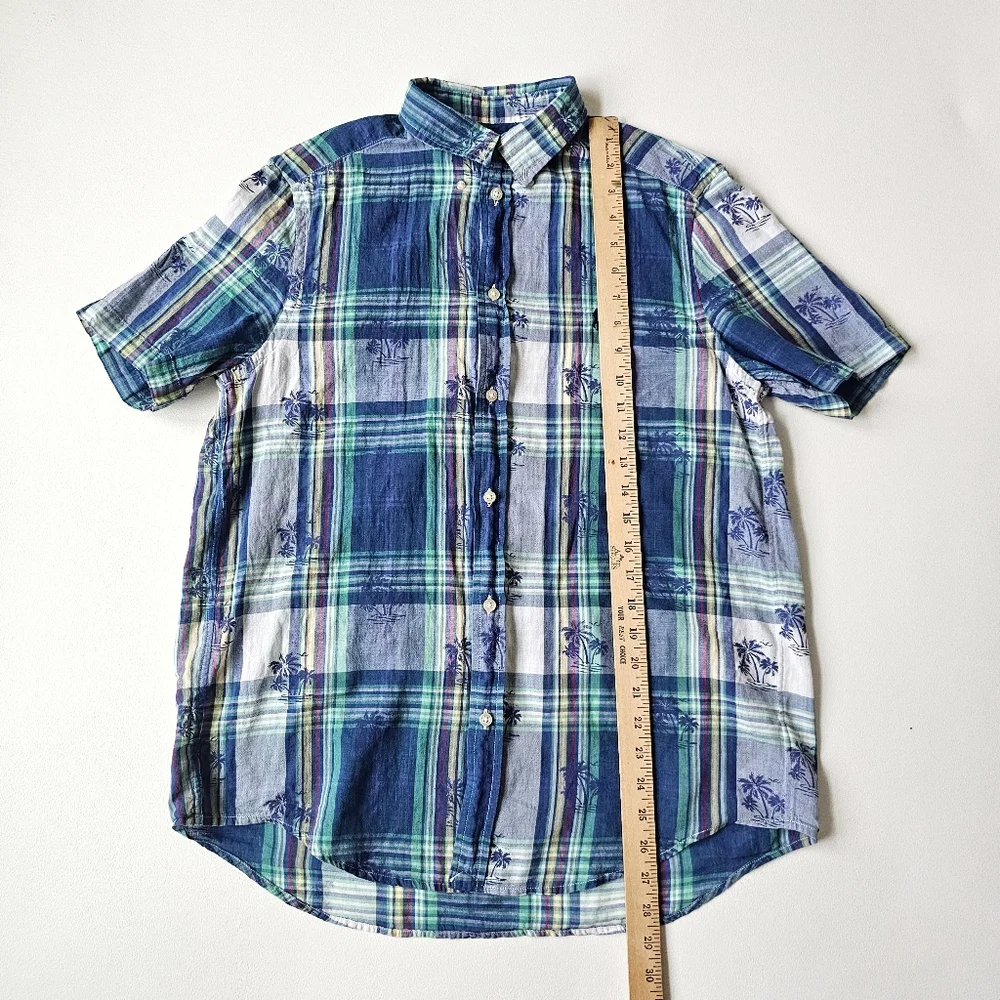 VTG Ralph Lauren Plaid Palms Short Sleeve Button Down Shirt Blue Green Youth XL